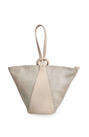 "Bolso Origen en cuero liso y cuero croco color ivory con correa de mano diseño exclusivo de Cecilia Fiorentini."